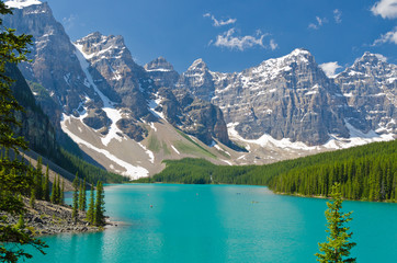 Turquoise glacial lake surrounded by snow-capped mountains